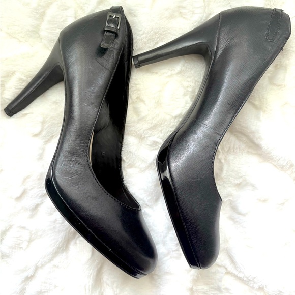 Franco Sarto Shoes - Franco Sarto size 7.5M DEMI Black Leather Patent Trim Platform Pumps Stiletto